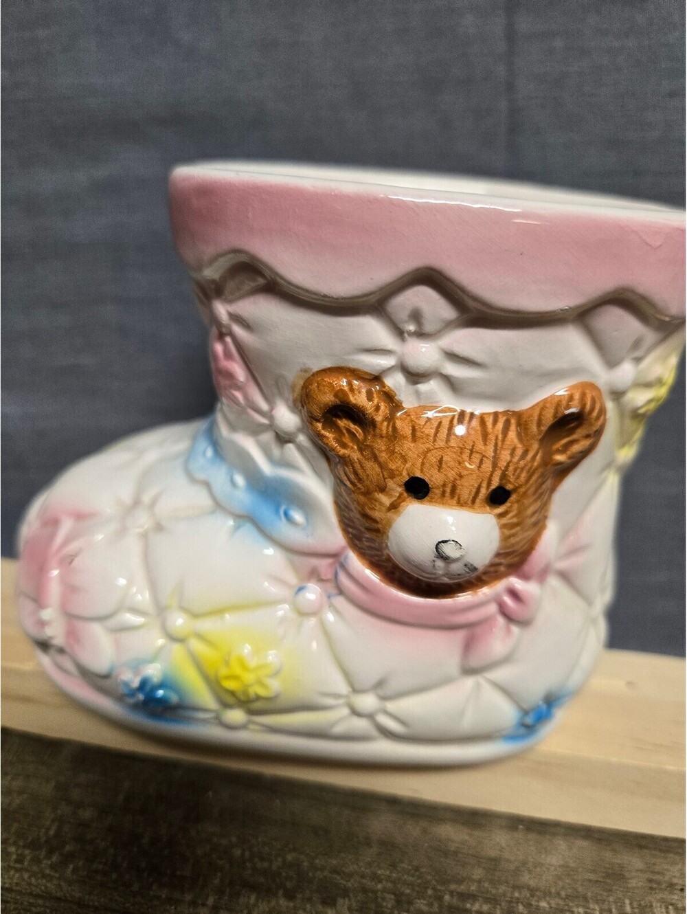 Vintage Ceramic Baby Bootie Planter with Bear Design